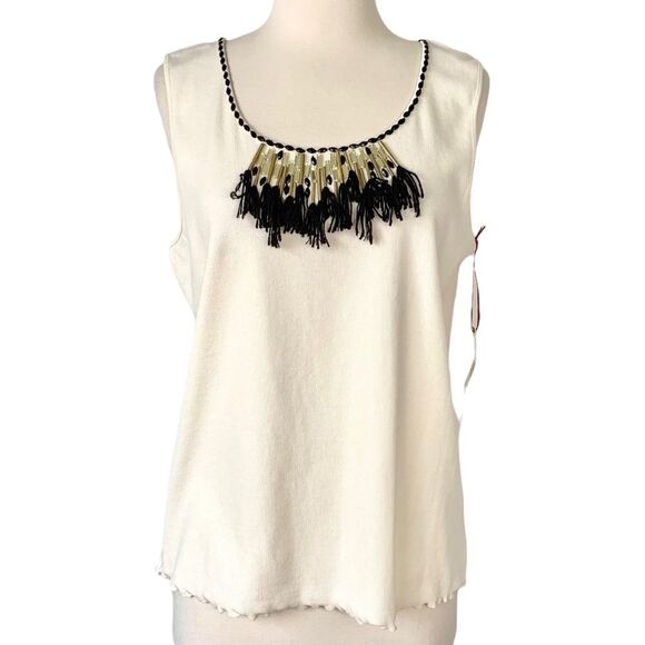 Ruby Rd. Cream Ribbed Beaded Tassel Sleeveless Top NWT - Picture 1 of 4